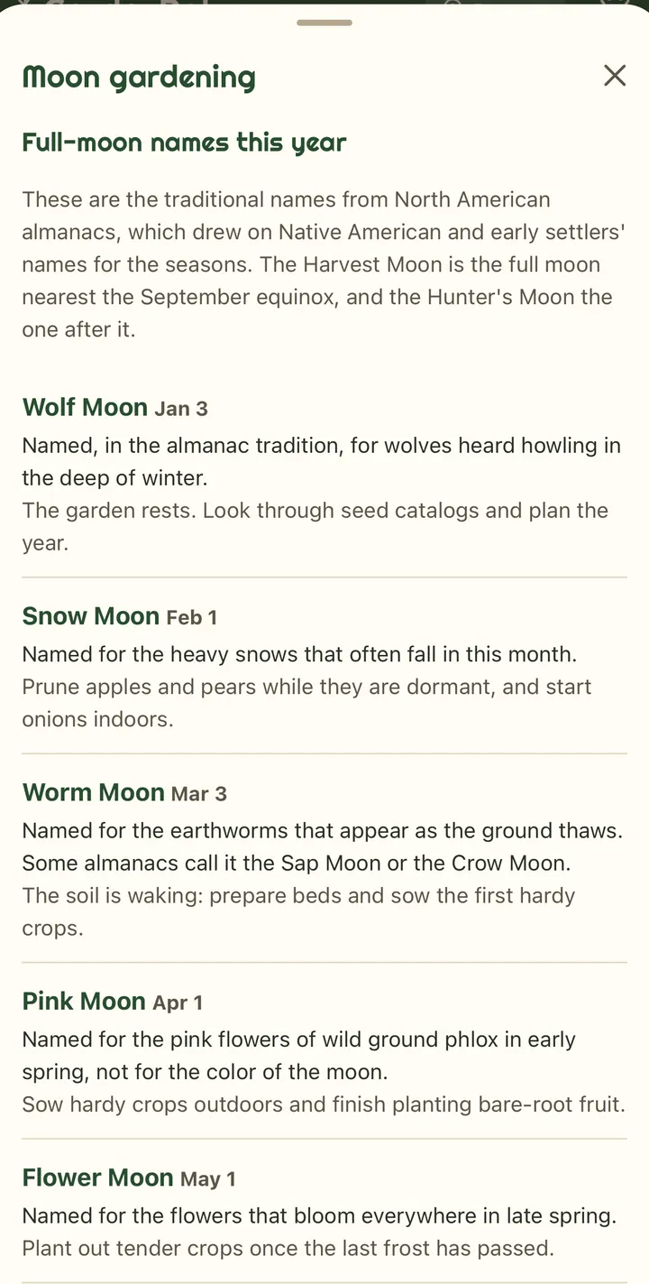The Moon gardening page: Full-moon names this year, with the Wolf Moon, Snow Moon, Worm Moon, Pink Moon and Flower Moon, each with its date, the story behind its name and a note for the garden
