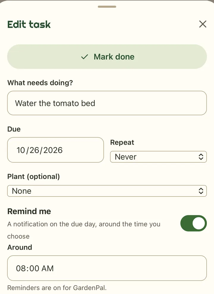 Edit task: Water the tomato bed, due today, repeat Never, with Remind me switched on for 08:00 AM and a note that reminders are on for GardenPal