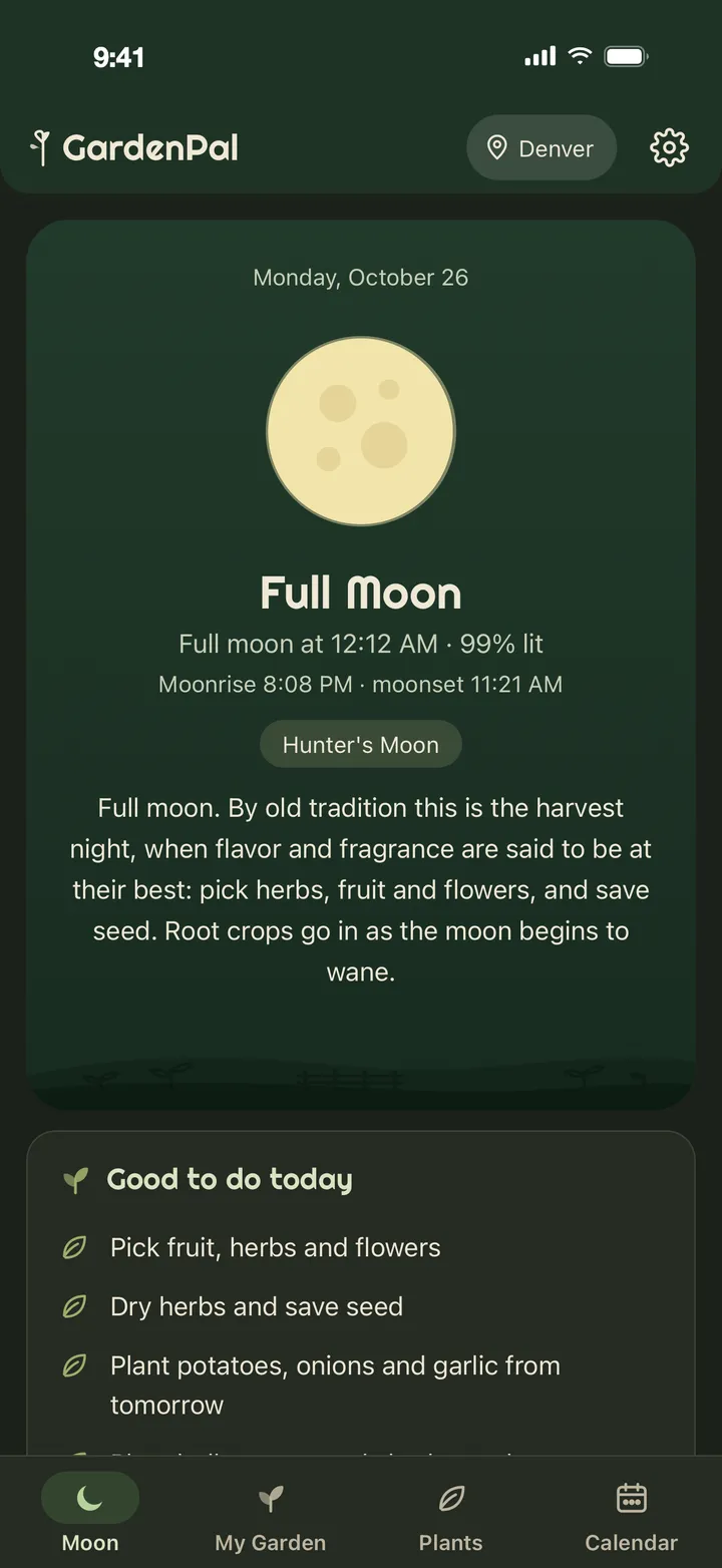 The Moon tab in the Evening theme: the full moon on a dark green panel, 99% lit, with moonrise and moonset, the Hunter's Moon and its reading, above Good to do today on a dark page