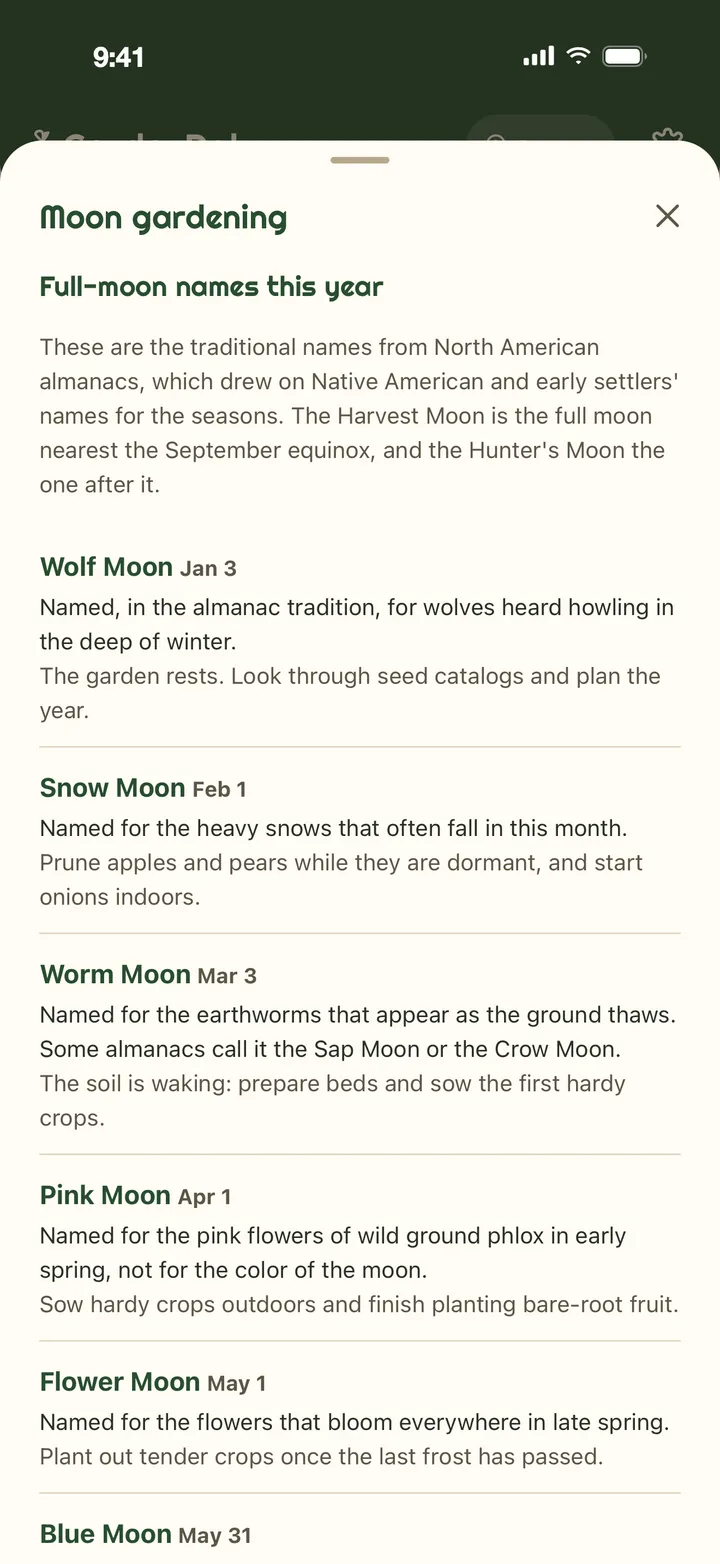 The Moon gardening page: Full-moon names this year, from the Wolf Moon in January to the Flower Moon in May and a Blue Moon on May 31, each with the story behind its name