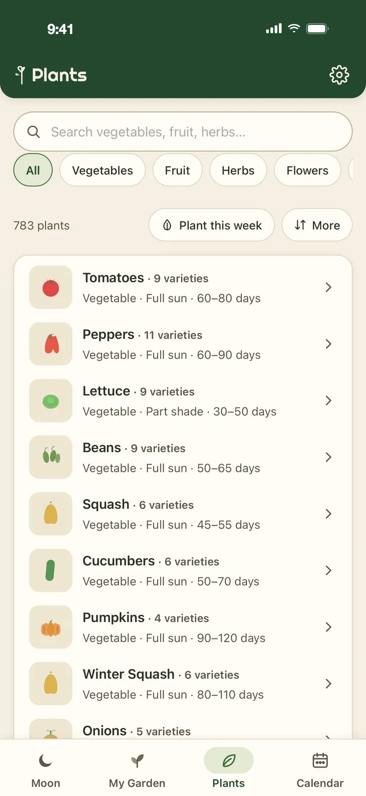 GardenPal's Plants tab: a search box, kinds of plant (All, Vegetables, Fruit, Herbs, Flowers), 783 plants with varieties grouped, and a list starting with tomatoes, peppers, lettuce and beans