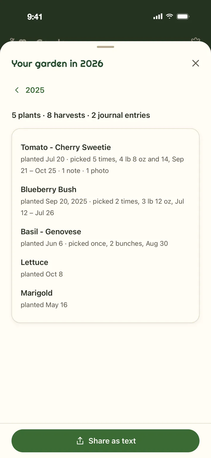 Your garden in 2026: 5 plants, 8 harvests and 2 journal entries, with each plant's year (the cherry tomato picked 5 times, 4 lb 8 oz and 14; the blueberry bush picked 2 times, 3 lb 12 oz; the basil picked once, 2 bunches), an arrow back to 2025 and Share as text